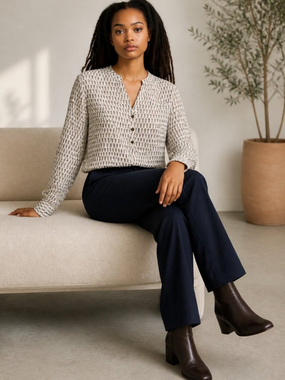 A.N.A |Women's Top |V-necked, Button Front | White, Tan, Blue | Petite Large